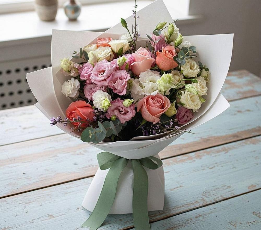 Букет цветов из: Розы, Лизиантусы и Гвоздики в Большой Ижоре