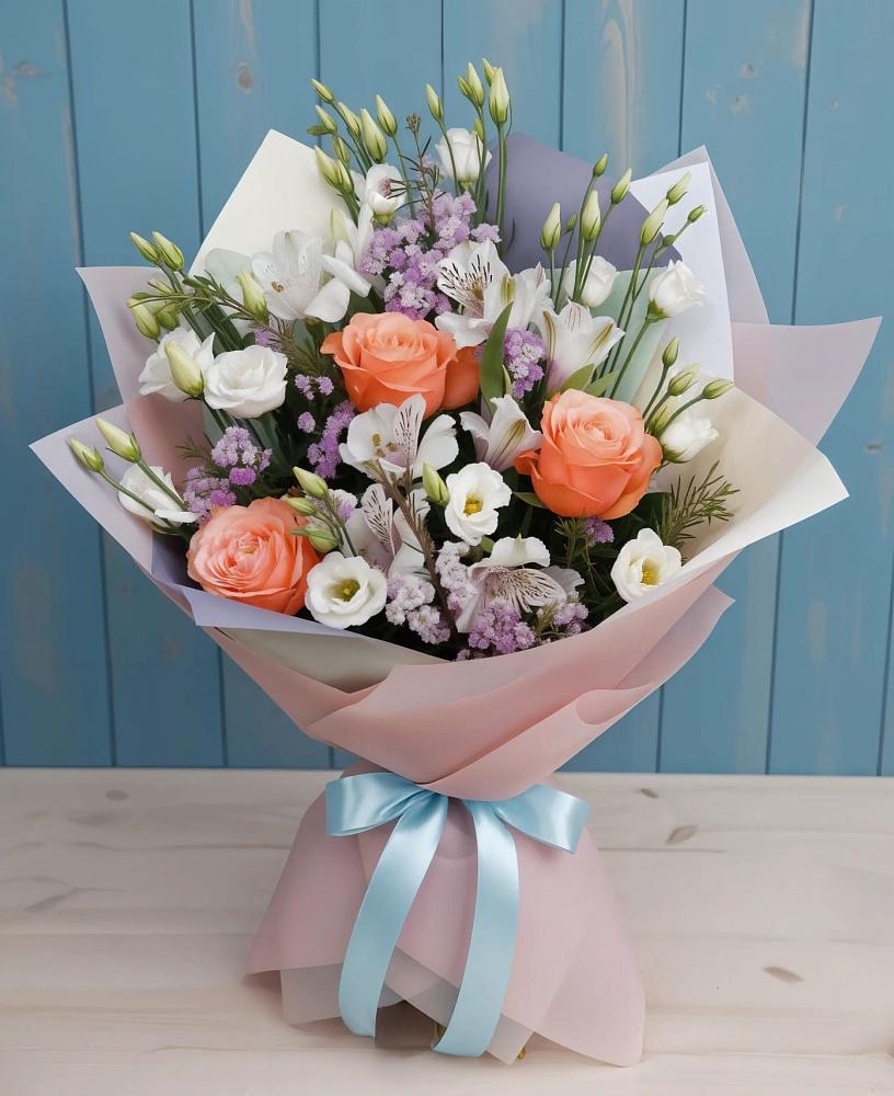 Букет цветов из: Лизиантусы, Розы, Альстромерии и Гипсофила в Большой Ижоре